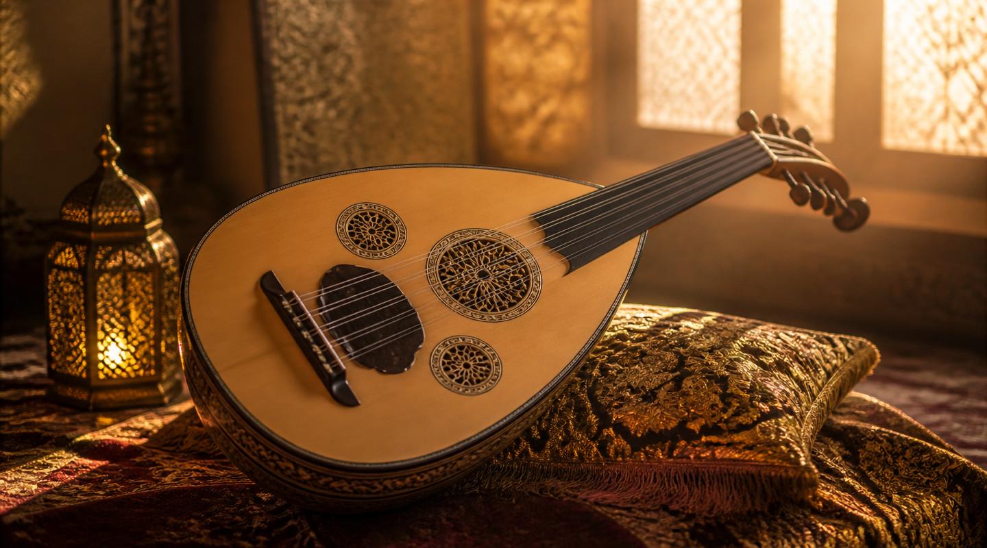 Beautiful Oud instrument in warm golden light